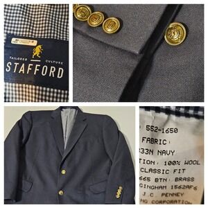 Stafford 46L Gray Gold Button Antique Brass Mens Blazer Suit Jacket Sport Coat